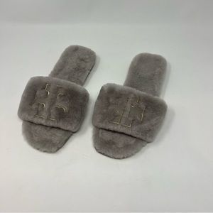 Tory Burch Double T Fluffy Slide On Gray Slipper Shoes Women Size 8 1/2 Preppy